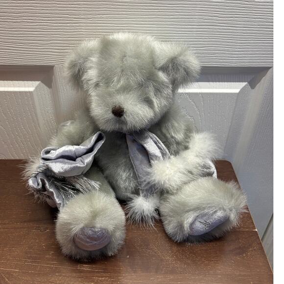 2000 G.A.C. Silver Teddy Bear Plush Stuffed Animal 14" Fuzzy Scarf Vintage - Picture 1 of 6